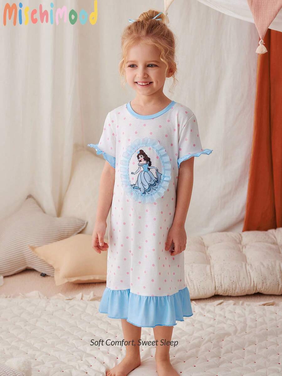 Baby Girl Blue Polka Dot Ruffle Print Princess Pattern Summer Short Sleeve Maxi Nightgown Loungewear - White - View 1