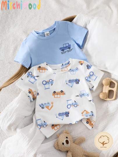 2 件套幼儿男童休闲趣味汽车卡通印花上衣，舒适易搭配，适合夏季