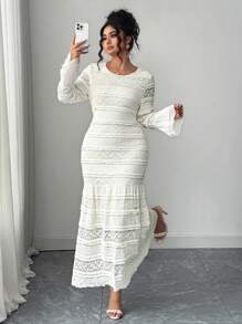 Elenzga Plus Size Women's Popular Round Neck Long Sleeve Pleated Fitted Elegant Dress, Casual Stretchy Flare Sleeve Long Dress For Outing And Vacation Fall Cloth For Women