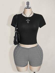 SHEIN ICON 大码 Y2K 性感低腰条纹超短裤 - 黑與白 - 查看 3