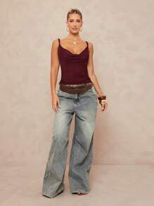 Lumalex Draped Neck Cami Top With Metal Chain Decor, Backless Waist Cinched - Burgundy - View 5