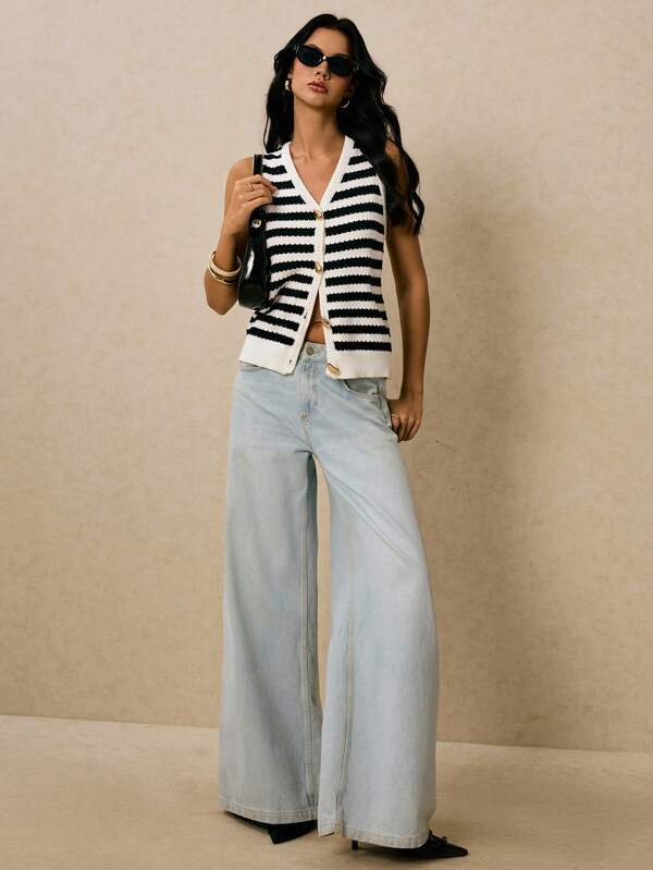 Poéselle 女士条纹印花V领无袖休闲夏季针织背心秋冬款