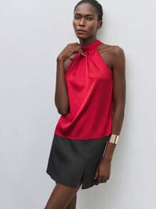 Maija Tie-Up Satin Halter Neck Cold-Shoulder Blouse Top