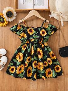Vestido sin mangas con hombros descubiertos y estampado de flores de gasa para niñas jóvenes