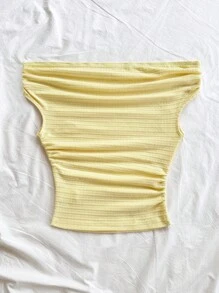 Soleia 女士纹理针织露肩褶饰修身度假上衣，适合派对、海滩、夏季 - 黃色 - 查看 2