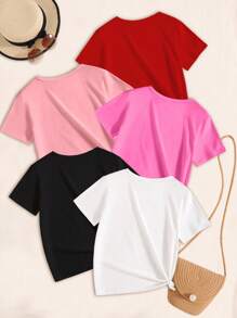 Sparklyn 5pcs Teen Girls' Minimalist Fashion Short Sleeve Round Neck T-Shirt, Suitable For Summer, School, Campus, College