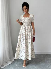 Elenzga 女式优雅碎花印花方领束腰 A 字拼接连衣裙 - 杏色 - 查看 7