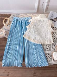 2件套少女图案钩针蕾丝花朵流苏背心上衣和冰丝褶皱阔腿裤夏季服装，度假，休闲，可爱 - 藍色 - 查看 2