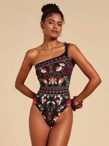 Travachic All-Over Print Asymmetric Neckline Twist Front One-Piece Swimsuit - Black - View 4