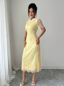 Modelyn 女士纯色短袖蕾丝拼接优雅法式连衣裙 - 黃色 - 查看 6