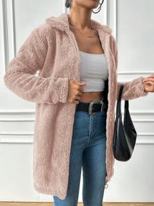 EURMUSE Women's Loose Fit Drop Shoulder Long Sleeve Fleece Zip-Up Jacket, Fall/Winter - Dusty Pink - View 3