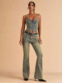 SHEIN BAE Quần Jeans Denim Ống Loe Thiết Kế Túi Cho Nữ Đa Năng Thường Ngày - Rửa nhẹ - Xem 5