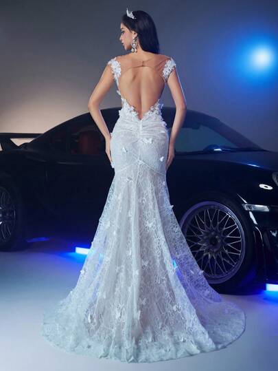 Glamrae 优雅奢华刺绣蕾丝露背美人鱼紧身派对礼服，带拖尾，适合婚礼、活动、派对、蜜月