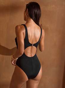 MOTF PREMIUM SUMMER BEACH EMBROIDERY LACE PANEL CUTOUT BACKLESS ONE-PIECE SWIMSUIT - Black - View 3