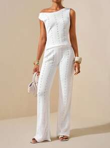 Zivah Nuevo conjunto de 2 piezas de estilo vacacional: top de punto cropped sin mangas con diseño calado y pantalones de pierna ancha de cintura alta en unicolor, estilizante, atuendo todo blanco para fiestas en otoño/invierno - Blanco - Ver 10