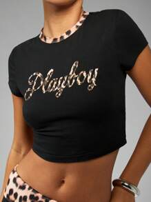 Missguided x Playboy 豹纹婴儿 T 恤短款上衣动物图案修身夏季节日 Y2K 短袖图案街头服饰娃娃装 - 黑色 - 查看 5