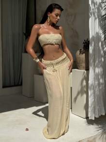 Swim SXY Áo bikini nữ mới họa tiết hoa móc tay phong cách Boho cho kỳ nghỉ bãi biển - Màu be - Xem 5