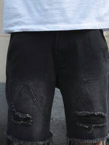 Manfinity EMRG Quần short denim nam dáng rộng dài đến đầu gối, có túi, gấu quần rách, kiểu dáng thoải mái. - màu đen - Xem 7