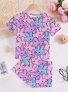 Tween Girl Purple Summer Cute Cartoon Colorful Rabbit Print Crew Neck Short Sleeve T-Shirt & Shorts Pajama Set,Princess Chic Sleep Home Refresh Sets - Multicolor - View 2