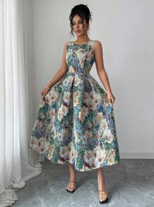 Elenzga Đầm mùa hè dài vừa phải không tay cổ tròn in hoa cho nữ - màu xanh lá - Xem 8