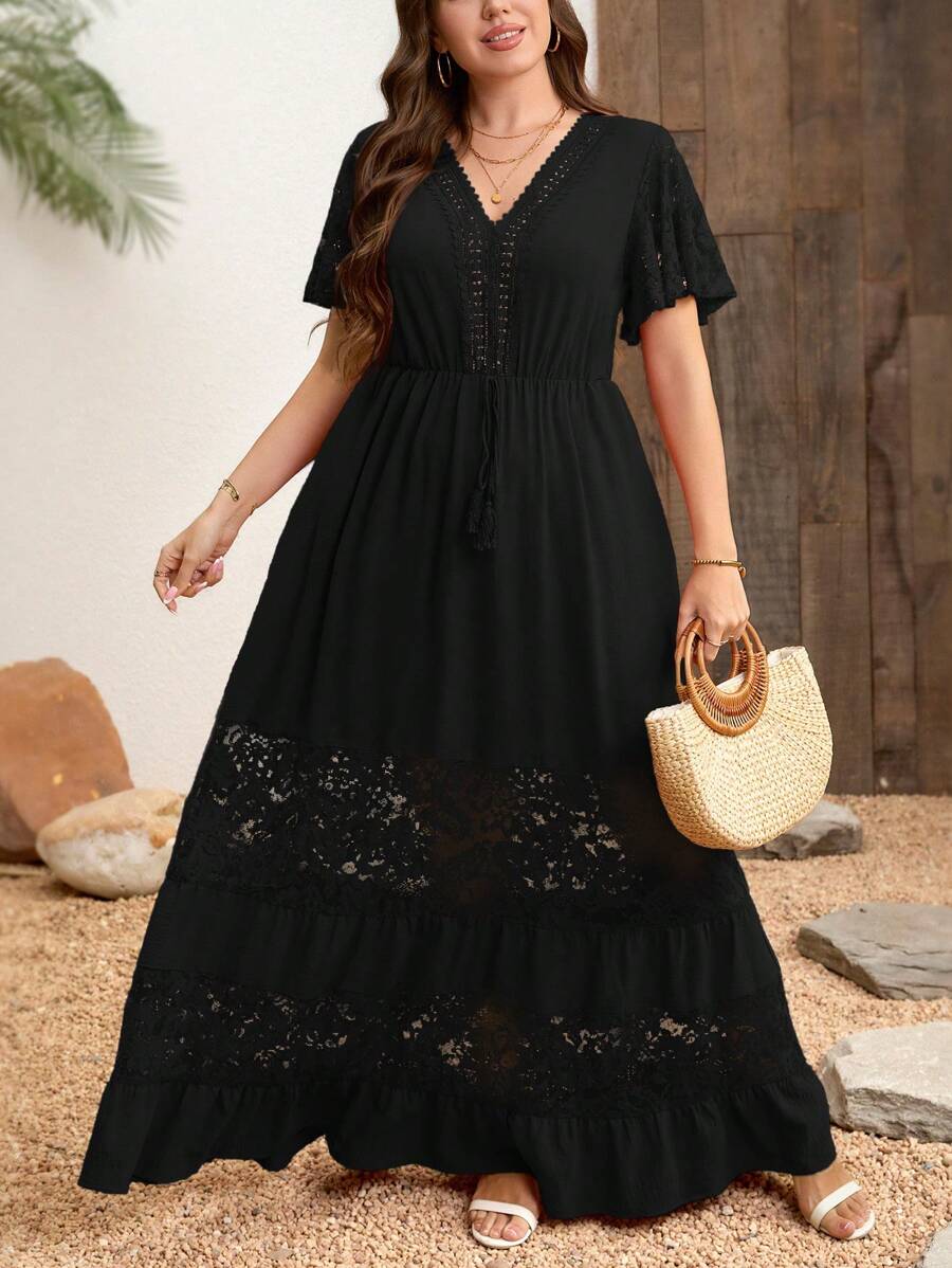 SHEIN Clasi 大码优雅蕾丝拼布 V 领波西米亚风格连衣裙 - 黑色 - 查看 1