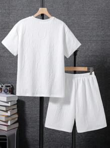 Teen Boy 2pcs/Set Letter Patched Short Sleeve T-Shirt And Shorts With Embossed Logo Detail