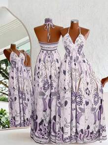 Flirla Bohemian Style Printed Beach Slip Dress - Purple - View 2
