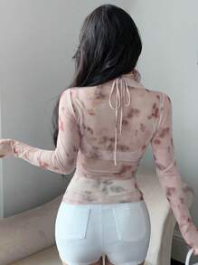 DAZY 女士花卉 3D V 领网眼长袖衬衫，适合派对、情人节 - 粉色 - 查看 5