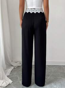 Elenzga Women's Lace Patchwork Elegant Straight-Leg Pants, Office Wear