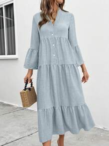 SHEIN LUNE Đầm suông rộng rãi đơn hàng khuy đơn cổ chữ V màu trơn cho nữ, trang phục maxi xuân hè cho nữ - Rửa nhẹ - Xem 6