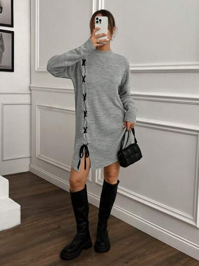 SHEIN Abito mini casual lavorato a costine, aderente, con coulisse, dettagli a contrasto, spacchetto frontale, stile di strada invernale, manica lunga, abito in maglia