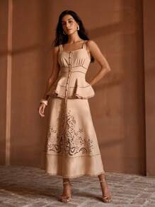 MOTF PREMIUM LASER CUT PEPLUM WAIST RAW EDGE MIDI DRESS - Brown - View 1