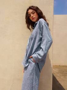 DAZY 2 piezas Conjunto casual de pantalón largo y camisa de manga larga de unicolor para mujer, primavera y verano