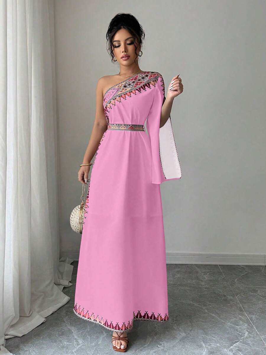 Elenzga 不对称领口格纹优雅夏装 - 粉色 - 查看 1