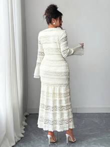 Elenzga Plus Size Women's Popular Round Neck Long Sleeve Pleated Fitted Elegant Dress, Casual Stretchy Flare Sleeve Long Dress For Outing And Vacation Fall Cloth For Women