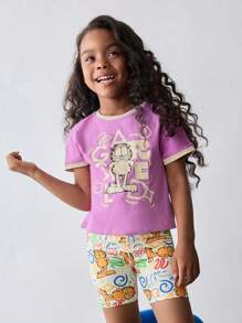 Maija Kids GARFIELD | SHEIN Maija Kids Bộ 2 áo thun tay ngắn cổ tròn in hình mèo cho bé gái và quần short - Màu tím - Xem 3