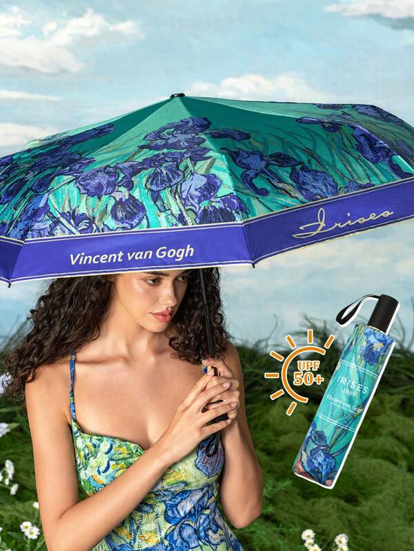 SHEIN Touch of Art 1 Pc Artist Lris Print Umbrella, Black Glue Sunscreen Coating, 50+ Uv Sunscreen Effect, Suitable For School, Work, Going Out And Daily Use, Designed For College Students, High School Students And Women, Vincent Van Gogh, Artistic, Elegant,Summer Outfits, Spring Outfits,Beach, Vacation, Flower