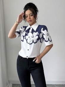 Elenzga Floral Patterned Short Sleeve Contrast Color Stylish Design Cinched Waist Long Length Slimming Versatile Sexy Casual Holiday Shirt For Women, Spring/Summer