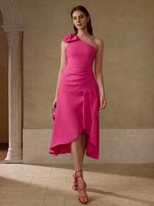 MOTF PREMIUM VESTIDO CON DISEÑO DE VOLANTE EN LOS HOMBROS, DOBLADILLO ASIMÉTRICO Y AJUSTE EN LA CINTURA PARA MUJER - Rosa Fucsia - Ver 2