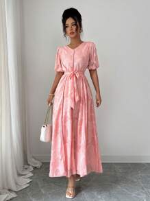 Modelyn Women's Woven Cut-Out Fabric Short Sleeve Tie Waist Design French Style Dress - Pink - View 3