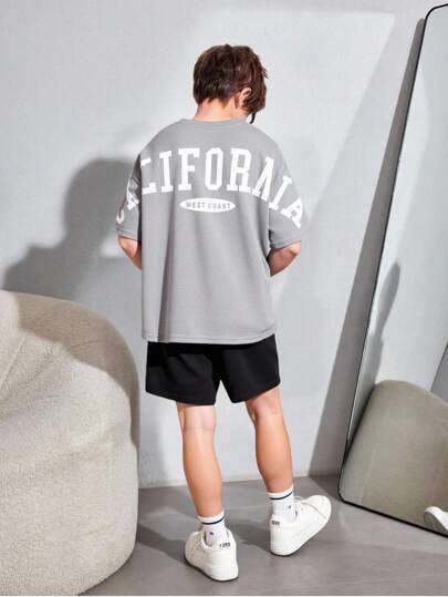 SHEIN 2pcs/Set Tween Boys' Casual Versatile Comfortable Street Style Letter Print Loose Fit Short Sleeve Knit T-Shirt And Shorts, Suitable For School, Garden, Beach, Birthday, Spring/Summer/Fall/Winter