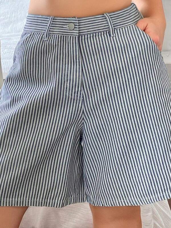 Dazy Plus Semi-Elastic Waist Straight Striped Cropped Casual Pants, Summer Denim Shorts