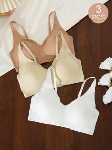 SHEIN 休闲舒适三件套纯色简约V领设计可调节肩带可拆卸垫无钢圈女士内衣文胸 - 彩色 - 查看 3