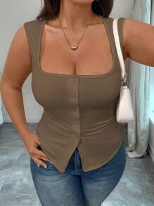 Elenzga 加大码性感修身方领针织背心，收腰，开衩无袖吊带背心，时尚夏季女士夏季服装夏季服装女装女式上衣优雅女士夏季衬衫女士加大码服装正式女士加大码服装商务休闲女士上衣女士衬衫优雅女士衬衫优雅