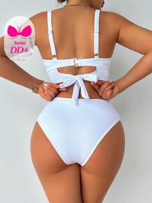 Swim DD+ 女士纯色高腰三角裤比基尼套装（带钢圈） - 白色 - 查看 2