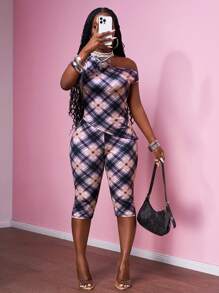 Slaydiva 2025 Summer New Fashion Elegant Basic Women Brown Plaid Print Asymmetric Hem Fitted Knit T-Shirt With Tight Skinny Capri Pants Set, Ladies 2 Pieces Outfit, Suitable For Easter, Music Festival, Daily Wear, Party, Christmas, Valentine's Day, Dating, Beach, Cruise, Carnival, Casual Street, Versatile, Back To School - A - Multicolor - View 5