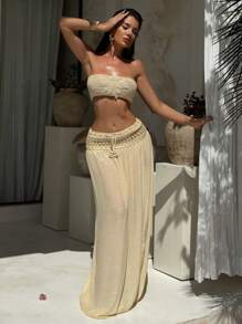 Swim SXY Áo bikini nữ mới họa tiết hoa móc tay phong cách Boho cho kỳ nghỉ bãi biển - Màu be - Xem 6