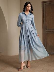 Anewsta 女式优雅蓝色渐变印花长袖喇叭连衣裙 - 藍色 - 查看 6