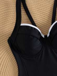 Shapewave 1pc Women's Elegant Swimsuit With Black & White Contrast Color Wide Strap, Steel-Boned Soft Package, Rear Lace-Up Design, Bodyshaper For Summer Beach Vacation - Black and White - View 5