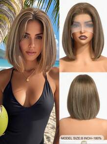 Peluca con cabello humano recto de bob corto, color miel marrón, con lace frontal de 13*4 pulgadas y lace transparente, 100% cabello humano Remy para mujeres